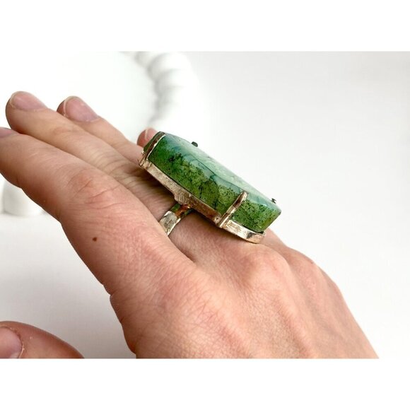 XL Green Agate Stone Vintage Polished Solitaire Sterling Silver Ring - sz 7.5 - Picture 8 of 10